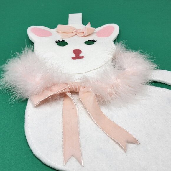Vintage 1960s Handmade Felt Christmas Stocking Kitten Cat Feathers Pink Ribbon - Picture 4 of 9